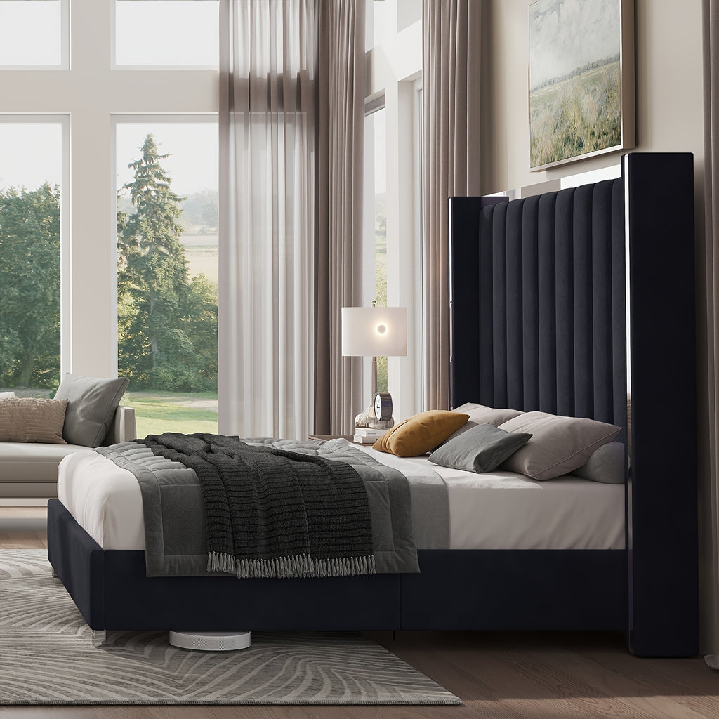 Velvet Upholstered Platform Bed with 58" Tall Channel Tufted Wingback Headboard, Plating Trim & No Box Spring Needed
