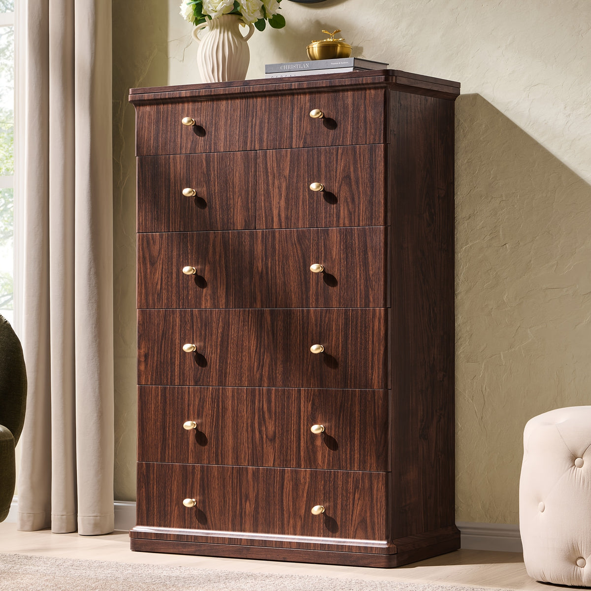 Modern Chest Of Drawer for Bedroom, Wood Dressers with Curved Waterfall Edge, Metal Handle