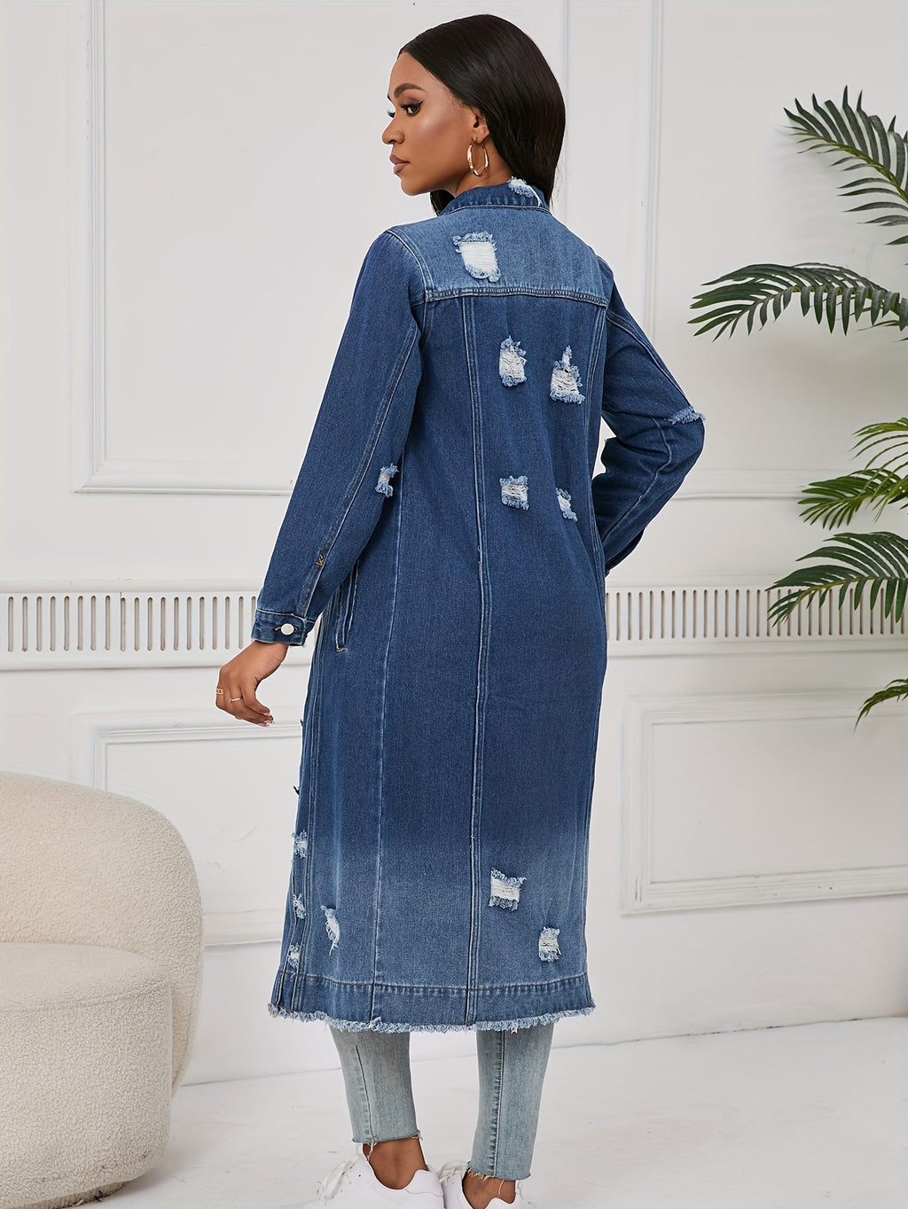 Long Distressed Denim Duster Jacket | Ripped Jean Trench Coat | Casual Button- Denim Outerwear for Women 2026