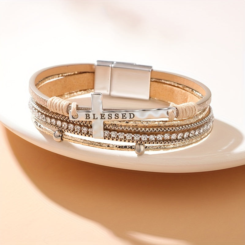 1pc Bohemian PU Cross Rhinestone Women's Bracelet