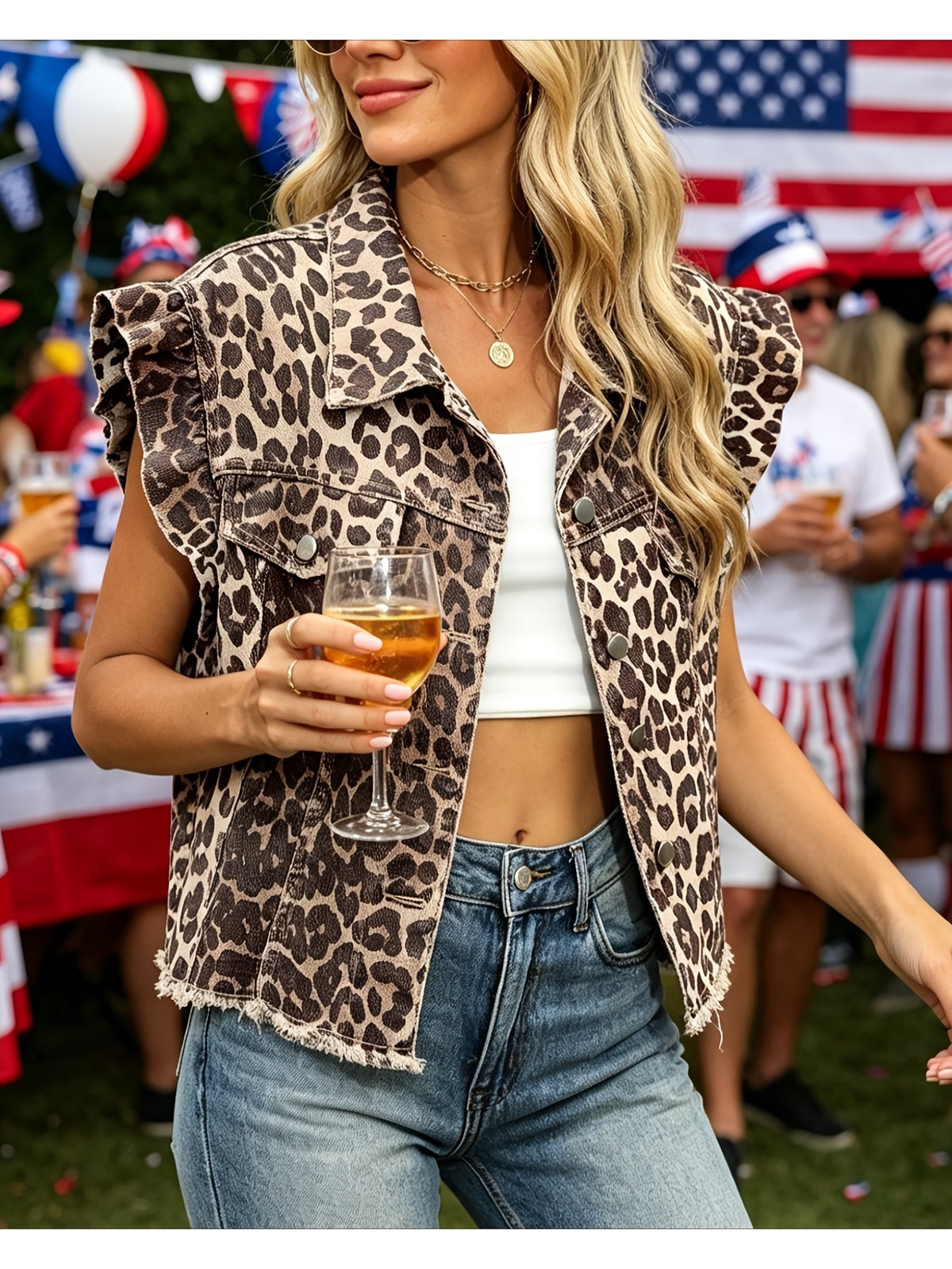 Womens Vintage Leopard Print Denim Vest Lapel Ruffle Sleeve Frayed Hem Cropped Sleeveless Jacket For Summer Street Casual And Daily Outfit
