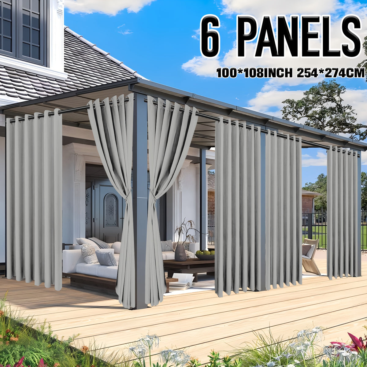 6 Panels Outdoor Patio Curtains - Waterproof Grommet Top Curtains, White Woven Texture Exterior Curtains, Suitable for Pergolas, Porches, Gazebos, Cabins, Decks