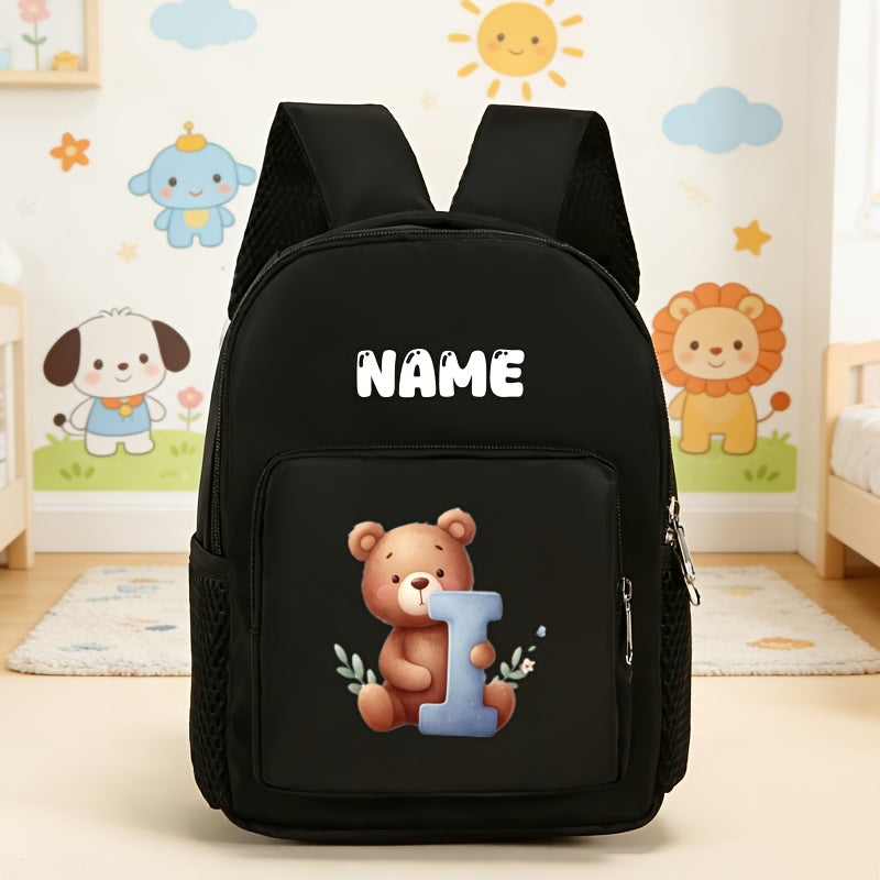 Back-to-School Season Personalized Fashion Mini Casual Backpack, Customizable with Your Name, Text, or Lucky Number, Featuring a 26-Letter Bear Print Design. Stylish and Simple, Lightweight and Multifunctional, Easy to Carry. Adjustable Shoulder