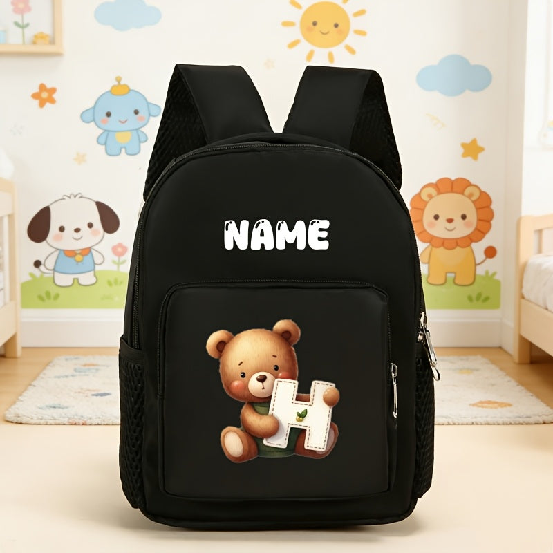 Back-to-School Season Personalized Fashion Mini Casual Backpack, Customizable with Your Name, Text, or Lucky Number, Featuring a 26-Letter Bear Print Design. Stylish and Simple, Lightweight and Multifunctional, Easy to Carry. Adjustable Shoulder