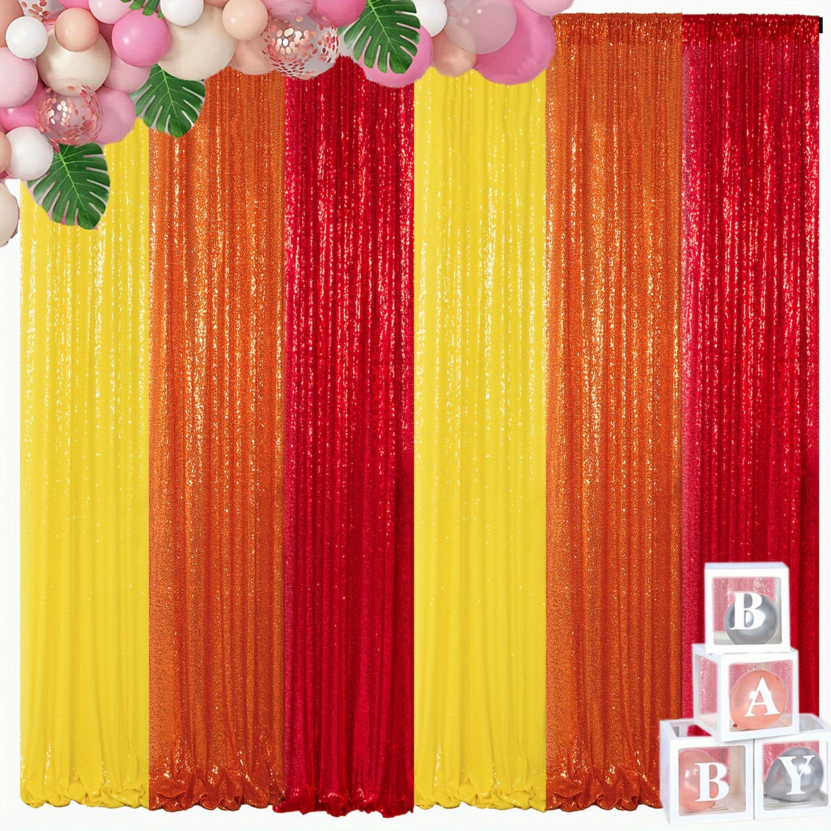 Outdoor Curtains Multi-Use Shimmer Fabric Backdrop Total 12Ft X 7Ft (6pcs 2Ft X 7Ft) for Garden Ceremony Wedding Summer Party Red Orange Yellow Glitter Drapes for Outdoor Tea Party Glam Outdoor Additions