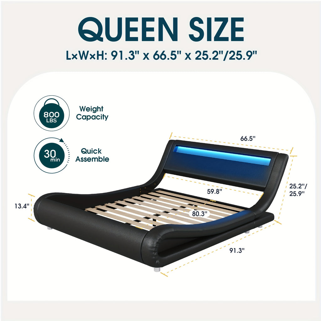 Modern Queen Bed Frame With RGBW LED Lights Headboard, Low Profile Upholstered Platform Sleigh Design, Strong Wood Slats Support, No Box Spring Needed
