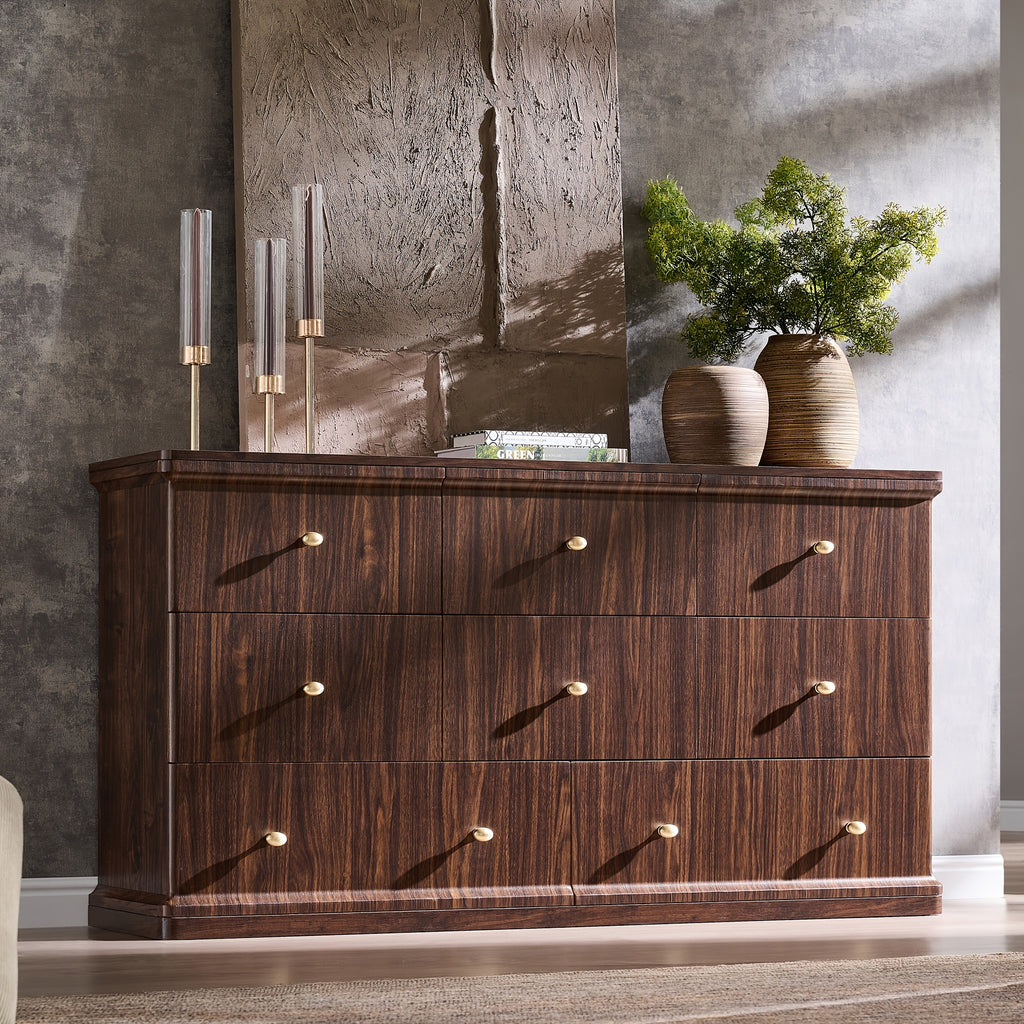 Modern Chest Of Drawer for Bedroom, Wood Dressers with Curved Waterfall Edge, Metal Handle
