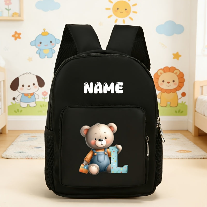 Back-to-School Season Personalized Fashion Mini Casual Backpack, Customizable with Your Name, Text, or Lucky Number, Featuring a 26-Letter Bear Print Design. Stylish and Simple, Lightweight and Multifunctional, Easy to Carry. Adjustable Shoulder
