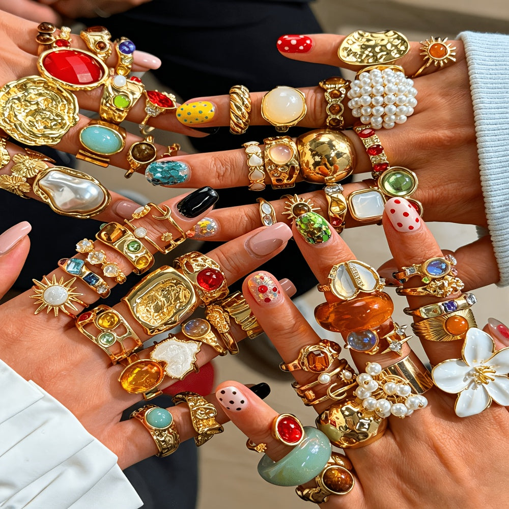 Random 24/13/6pcs Fashion Easy Elegant Grand Luxurious Bling-Bling Sparkling Heart Flower Multicolor Rhinestone Oil Drop Flower Star Imitation Cat'S Eye Stone Sun Wide Band Ring Set Women'S Vacation Party Date Casual Travel Banquet Wedding Daily Mat