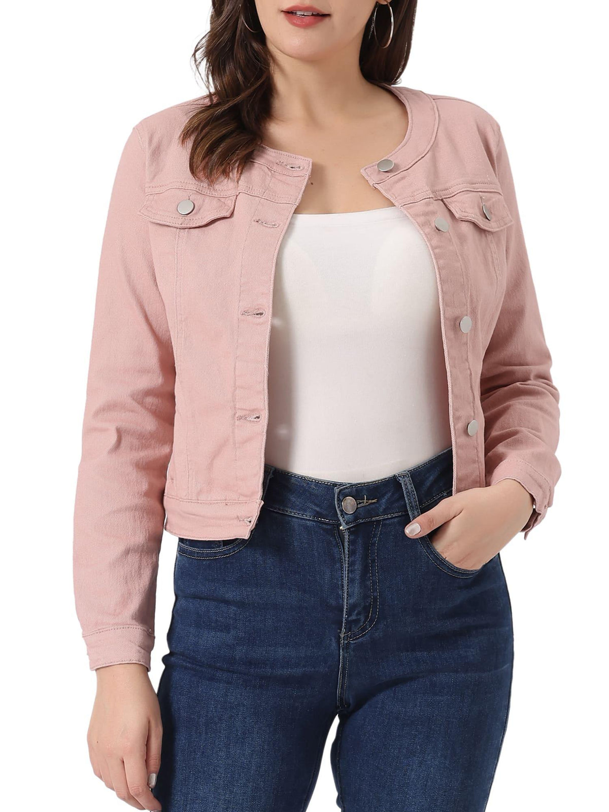 Women's Casual Denim Jacket - Button, Collarless, Long Sleeve Jean Coat with Pockets, Machine Washable for Spring/Fall, Spring Jacket | Streetwear Denim | Practical Pockets