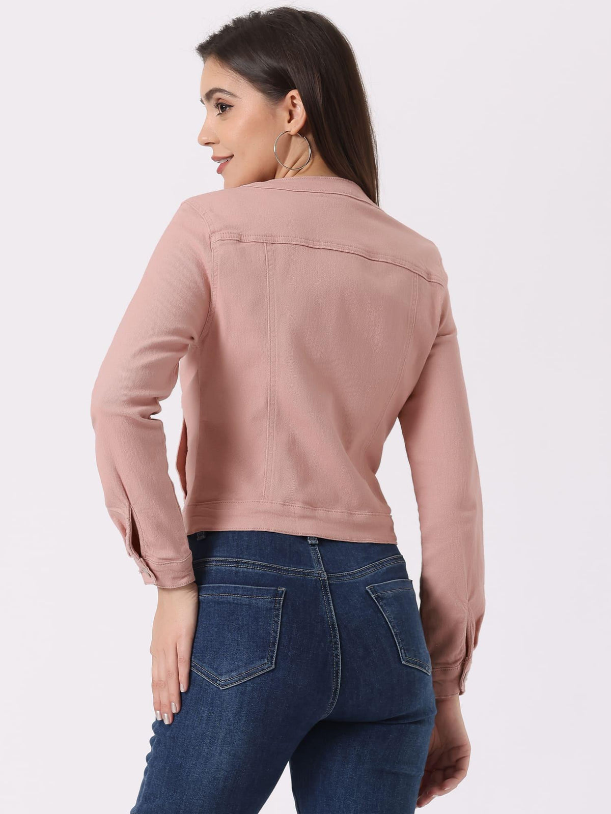 Women's Casual Denim Jacket - Button, Collarless, Long Sleeve Jean Coat with Pockets, Machine Washable for Spring/Fall, Spring Jacket | Streetwear Denim | Practical Pockets