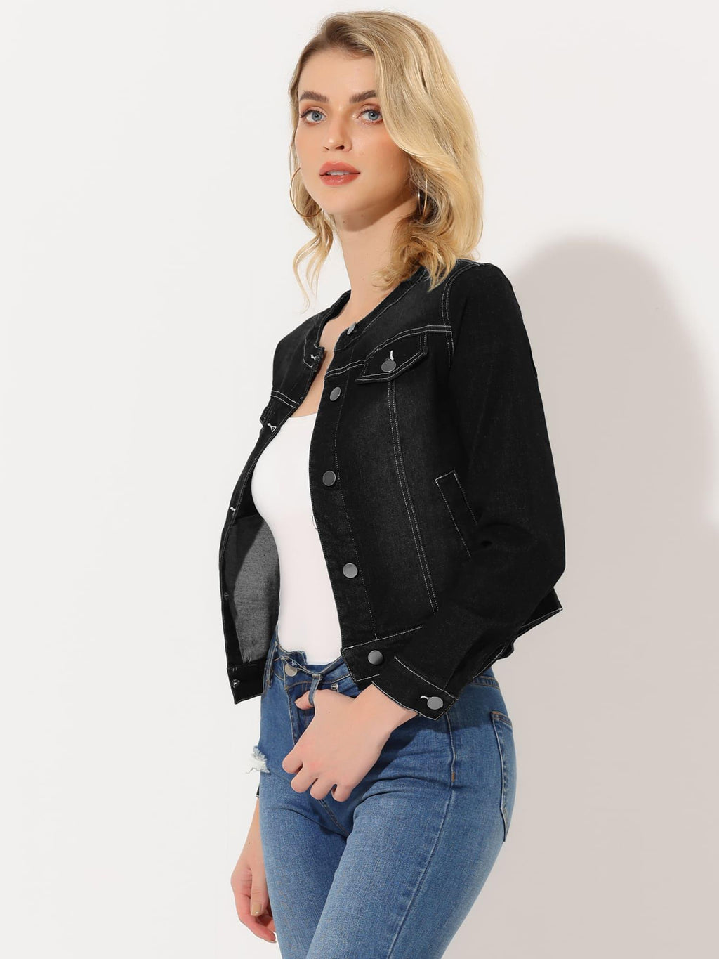 Women's Casual Denim Jacket - Button, Collarless, Long Sleeve Jean Coat with Pockets, Machine Washable for Spring/Fall, Spring Jacket | Streetwear Denim | Practical Pockets