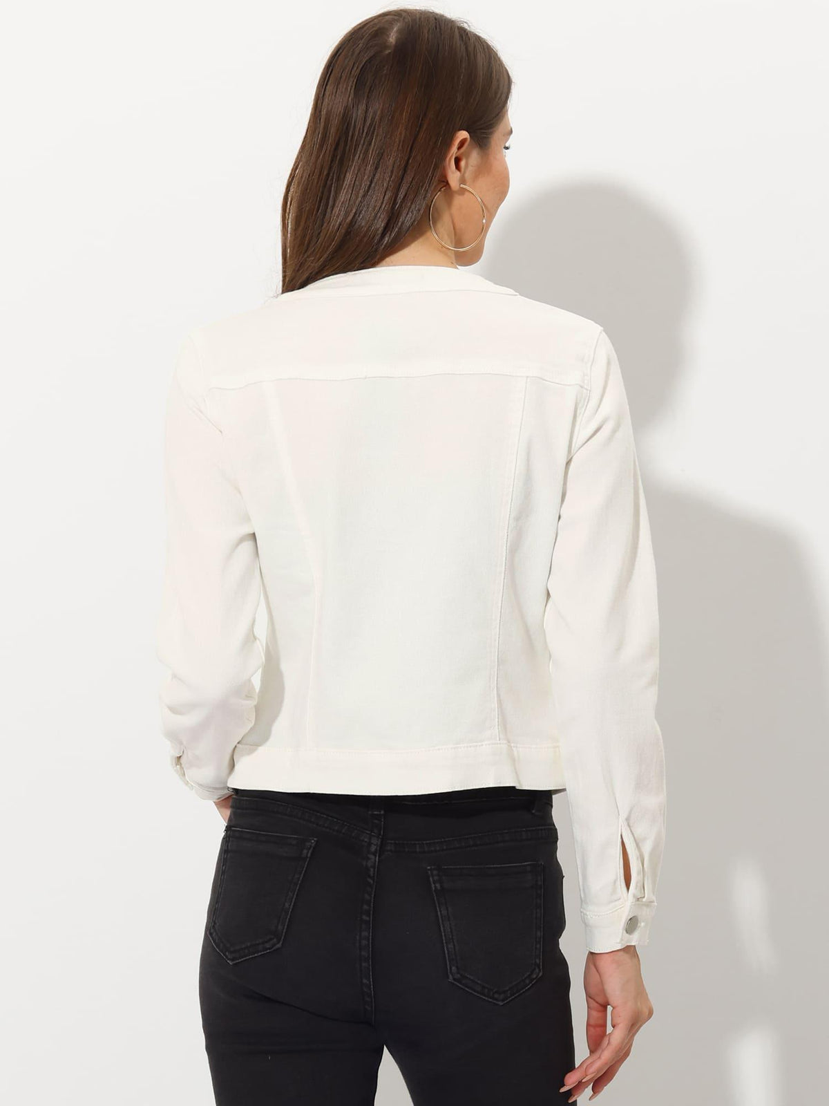Women's Casual Denim Jacket - Button, Collarless, Long Sleeve Jean Coat with Pockets, Machine Washable for Spring/Fall, Spring Jacket | Streetwear Denim | Practical Pockets