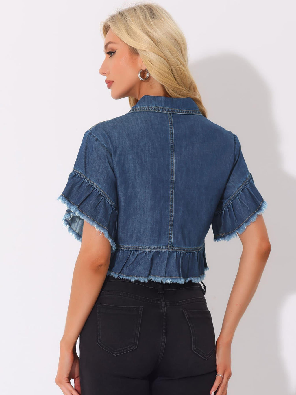 Women's Lightweight Denim Jacket Cropped Button-Front Peplum Hem Ruffled Sleeve Jean Coat - Washed Collar, Short Sleeve Casual Blazer for Spring Summer Layering ( Jeans/ Dresses) - Machine Washable