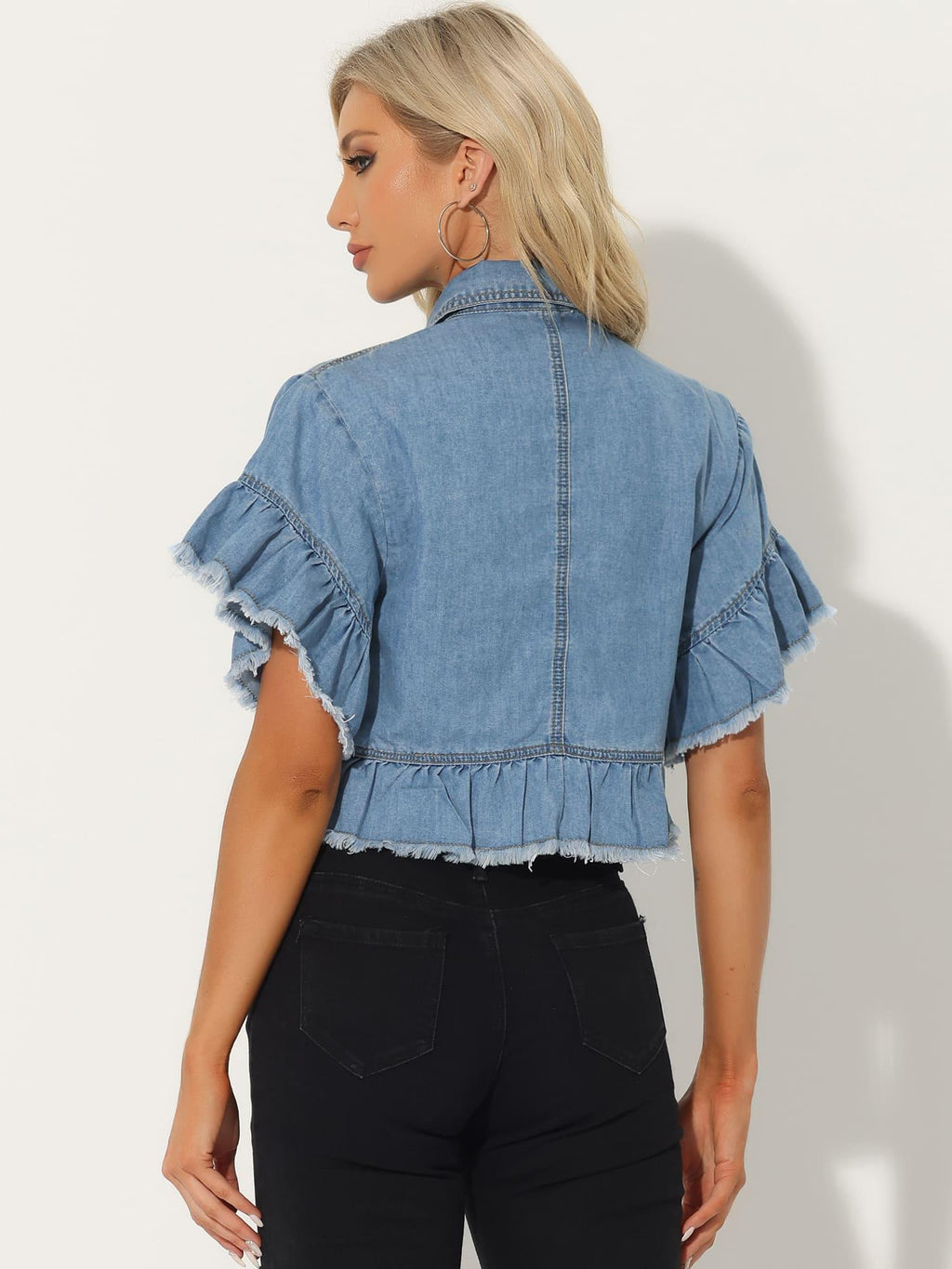 Women's Lightweight Denim Jacket Cropped Button-Front Peplum Hem Ruffled Sleeve Jean Coat - Washed Collar, Short Sleeve Casual Blazer for Spring Summer Layering ( Jeans/ Dresses) - Machine Washable