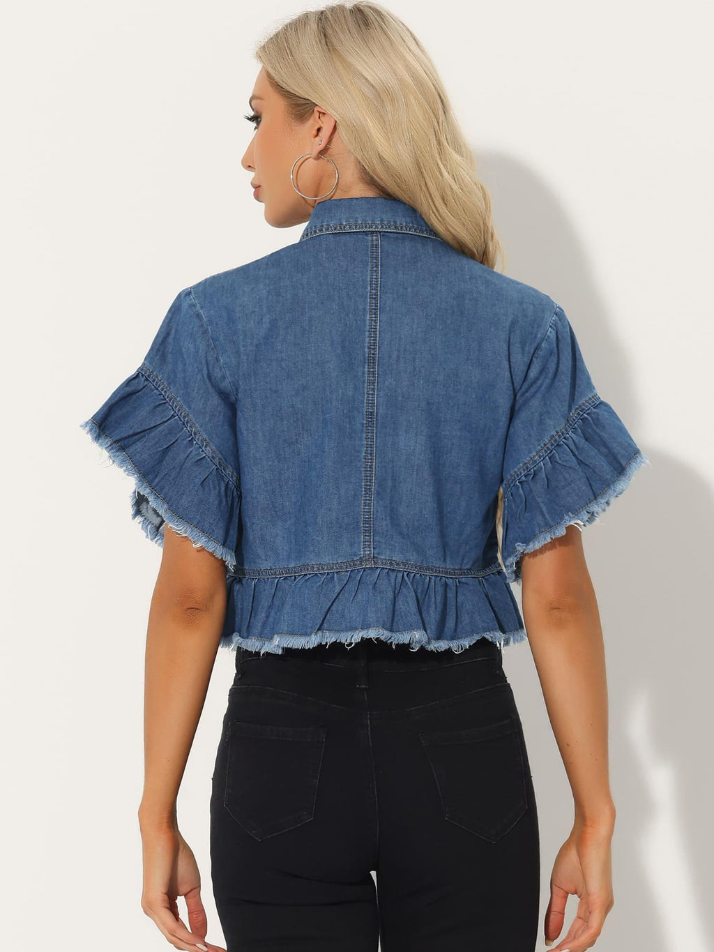 Women's Lightweight Denim Jacket Cropped Button-Front Peplum Hem Ruffled Sleeve Jean Coat - Washed Collar, Short Sleeve Casual Blazer for Spring Summer Layering ( Jeans/ Dresses) - Machine Washable