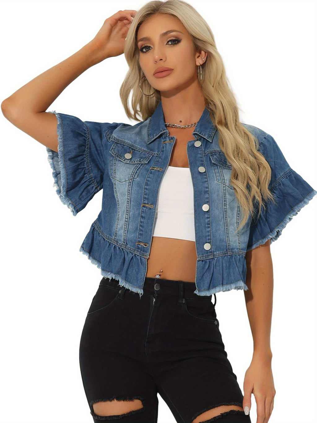 Women's Lightweight Denim Jacket Cropped Button-Front Peplum Hem Ruffled Sleeve Jean Coat - Washed Collar, Short Sleeve Casual Blazer for Spring Summer Layering ( Jeans/ Dresses) - Machine Washable