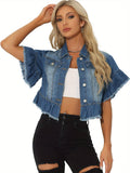 Women's Lightweight Denim Jacket Cropped Button-Front Peplum Hem Ruffled Sleeve Jean Coat - Washed Collar, Short Sleeve Casual Blazer for Spring Summer Layering ( Jeans/ Dresses) - Machine Washable