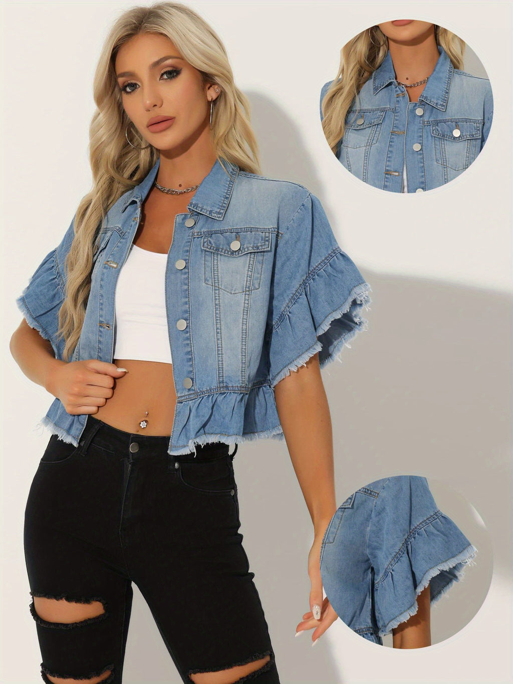 Women's Lightweight Denim Jacket Cropped Button-Front Peplum Hem Ruffled Sleeve Jean Coat - Washed Collar, Short Sleeve Casual Blazer for Spring Summer Layering ( Jeans/ Dresses) - Machine Washable