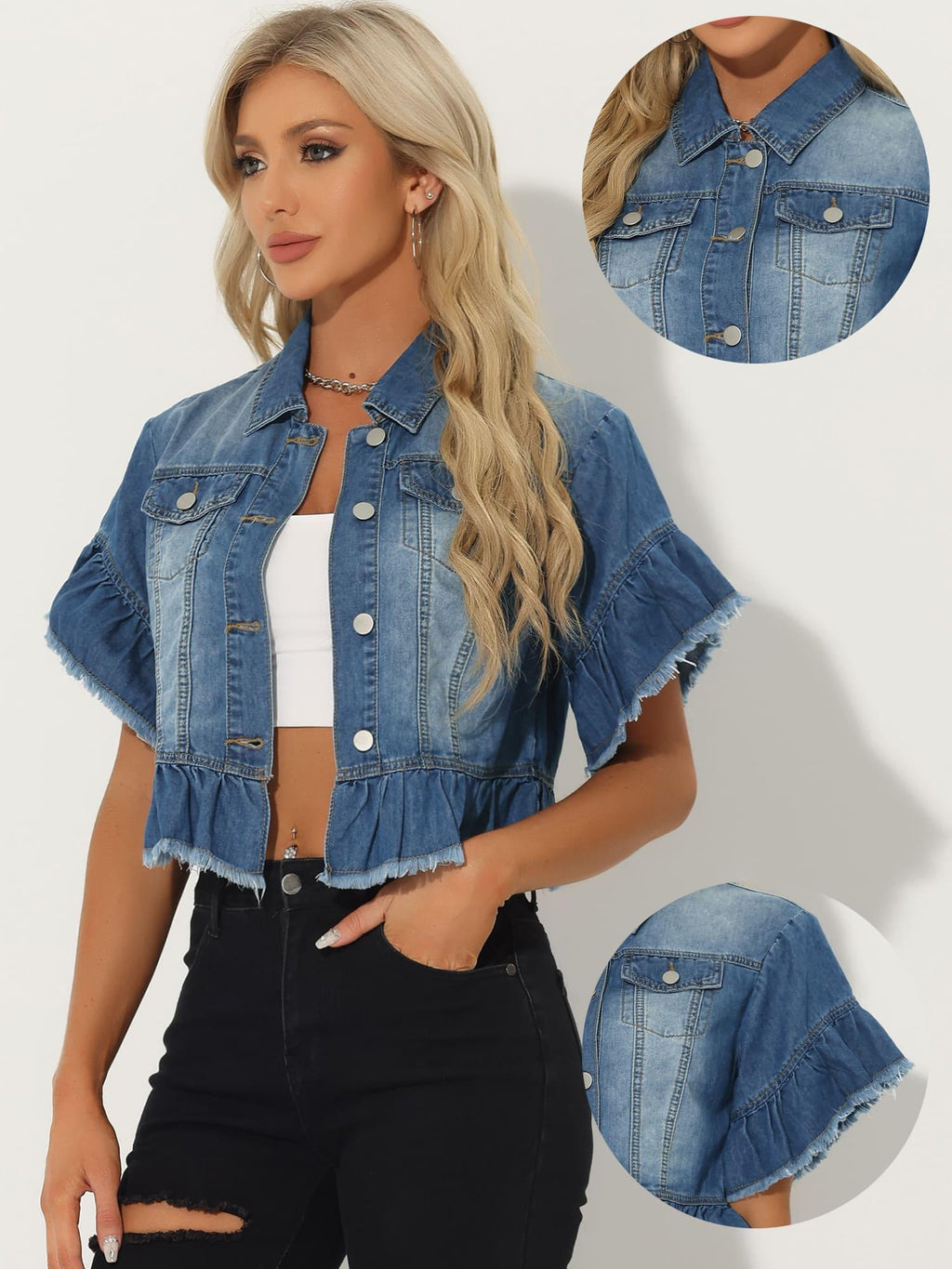 Women's Lightweight Denim Jacket Cropped Button-Front Peplum Hem Ruffled Sleeve Jean Coat - Washed Collar, Short Sleeve Casual Blazer for Spring Summer Layering ( Jeans/ Dresses) - Machine Washable