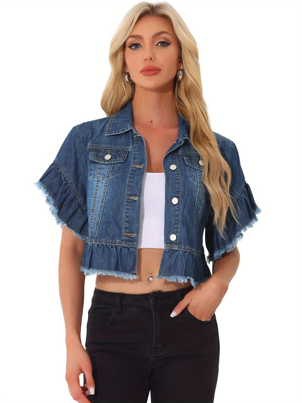 Women's Lightweight Denim Jacket Cropped Button-Front Peplum Hem Ruffled Sleeve Jean Coat - Washed Collar, Short Sleeve Casual Blazer for Spring Summer Layering ( Jeans/ Dresses) - Machine Washable