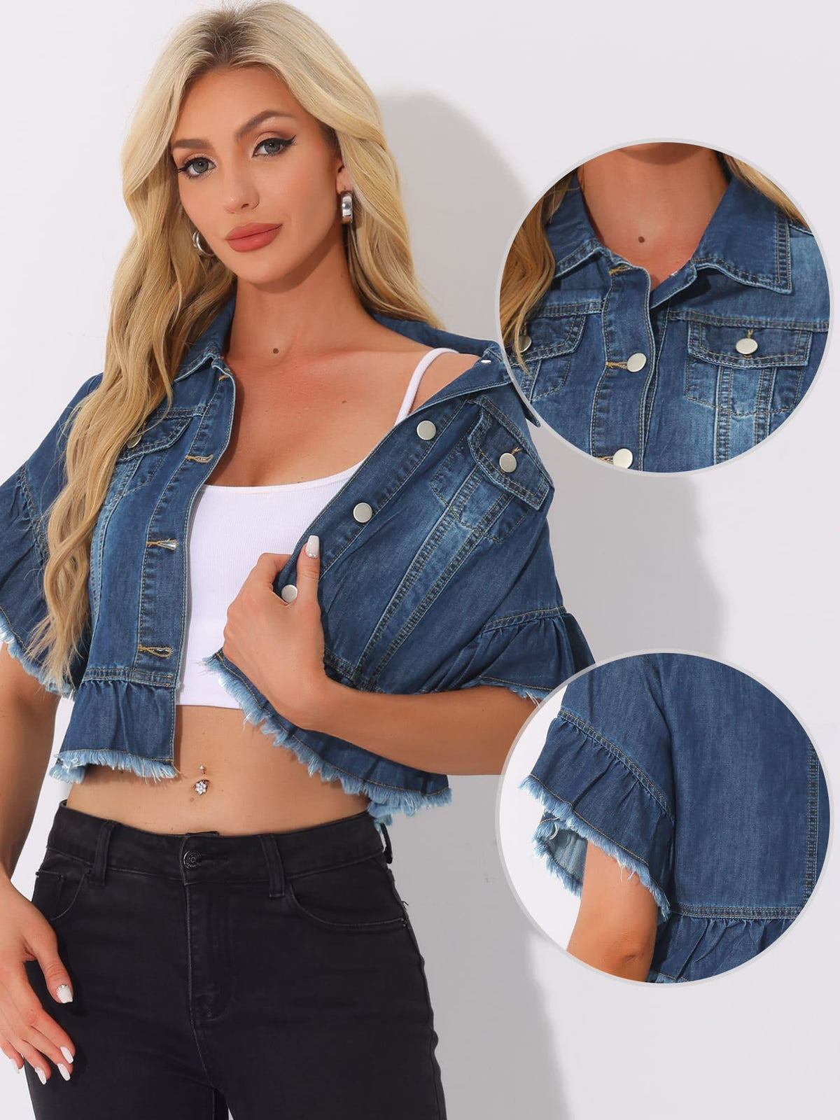 Women's Lightweight Denim Jacket Cropped Button-Front Peplum Hem Ruffled Sleeve Jean Coat - Washed Collar, Short Sleeve Casual Blazer for Spring Summer Layering ( Jeans/ Dresses) - Machine Washable