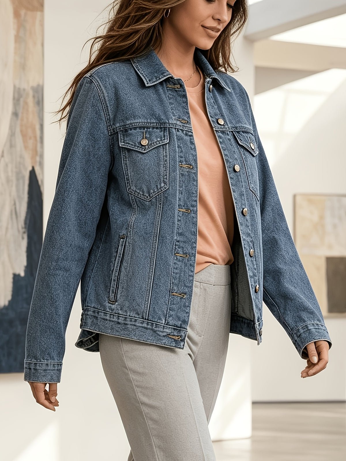 Women'S Cropped Denim Jacket Button-Up Long Sleeve Casual Jean Jacket Spring Fall Winter Outerwear