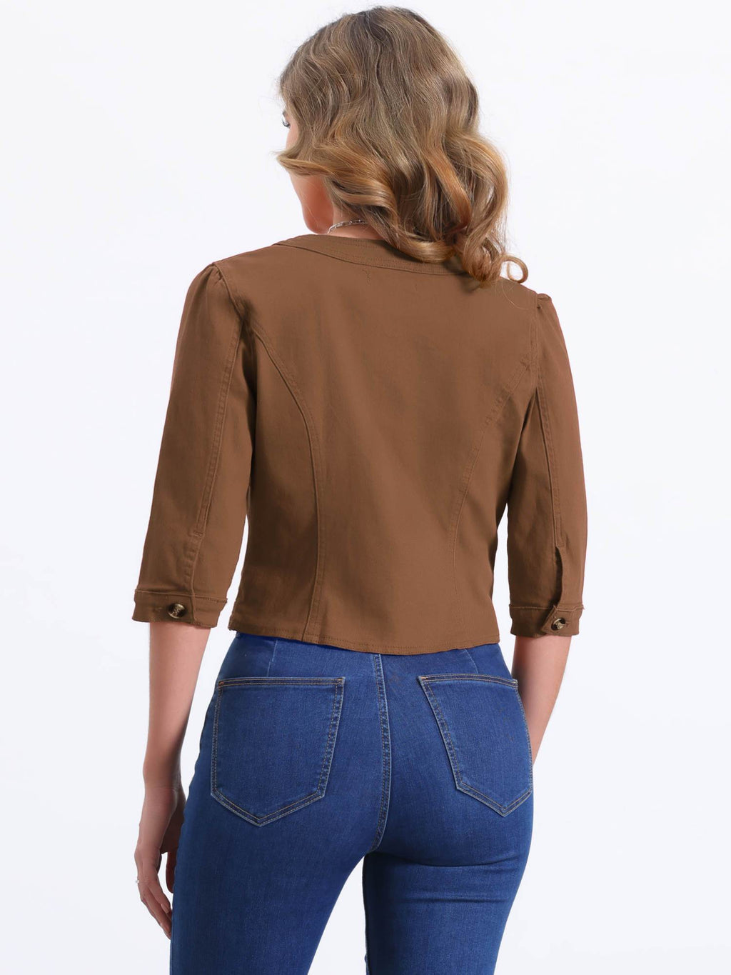 Denim Jacket for Women' S Collarless Cardigan 3/4 Sleeve Crop Jean Jackets