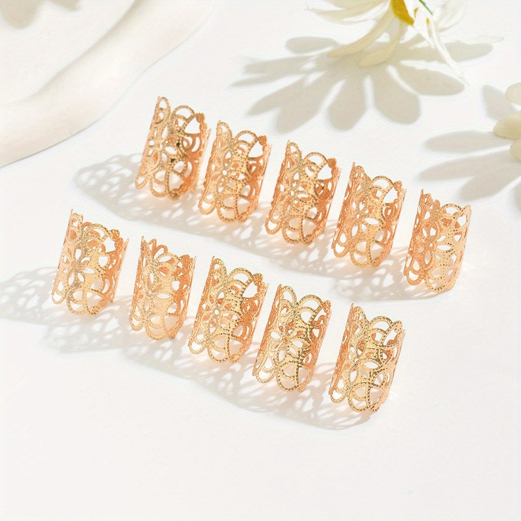 10pcs Set of Women'S Fashion Open Rings, Wide Band Hollow Floral Open Rings, Fashionable Temperament Ethnic Style, Women'S Daily Party Matching Wear