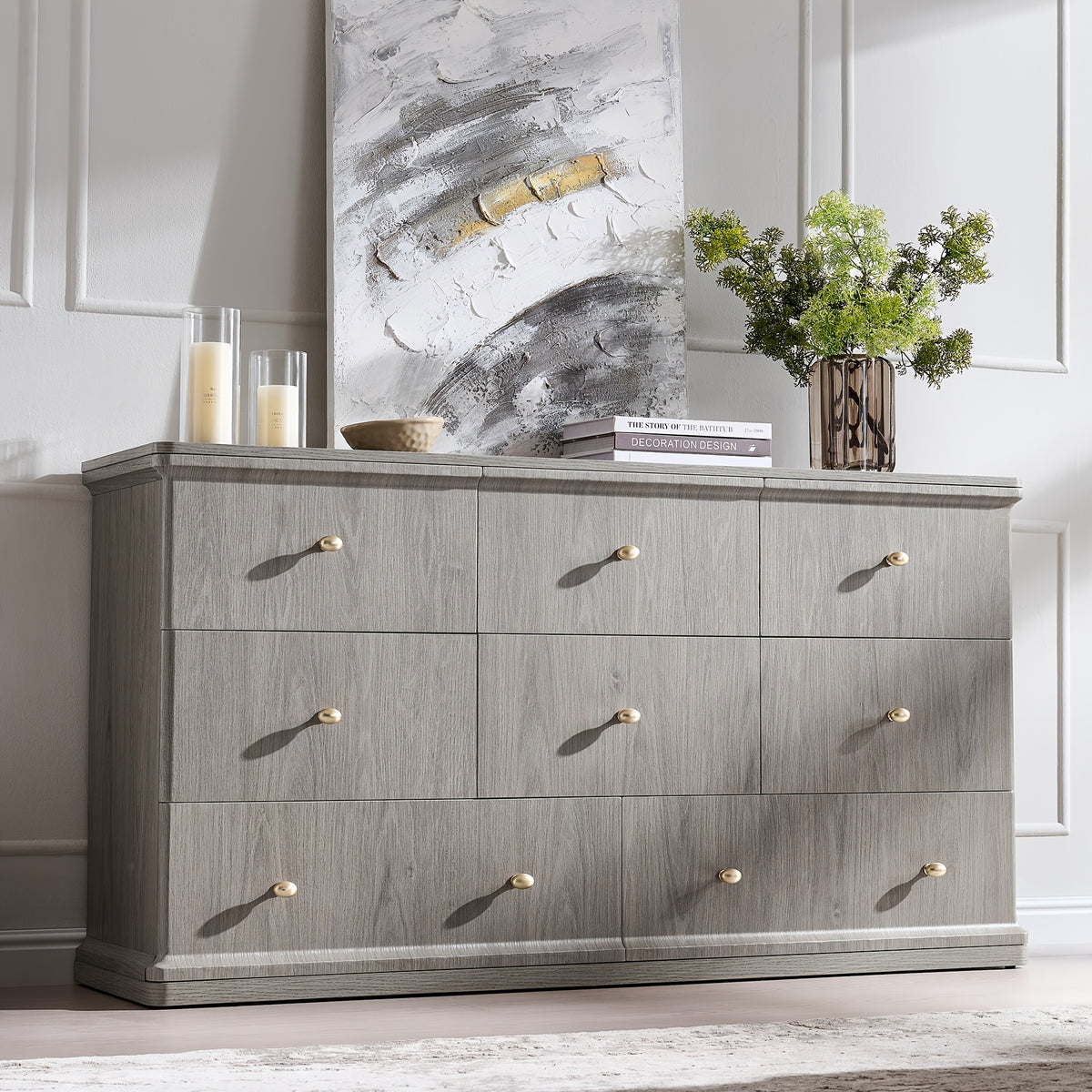 Modern Chest Of Drawer for Bedroom, Wood Dressers with Curved Waterfall Edge, Metal Handle