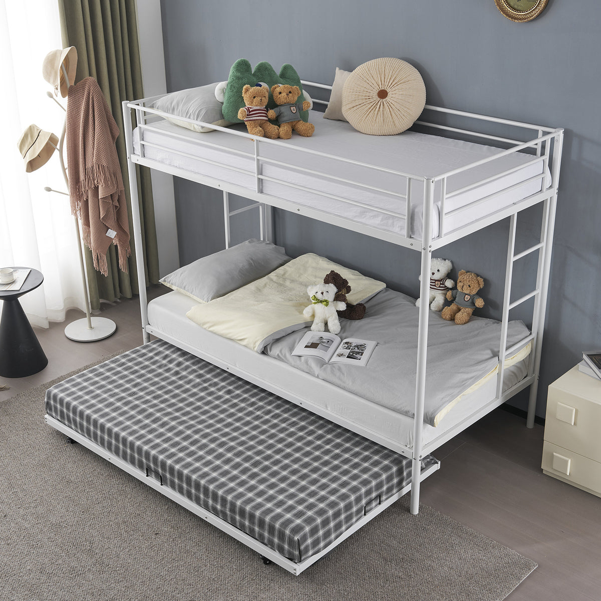 Adjustable Metal Triple Bunk Bed with Safety Rails And Rollers, 3-In-1 Split Design, Dual Access Ladders, Heavy-Duty for Home, Dorm And Apartment