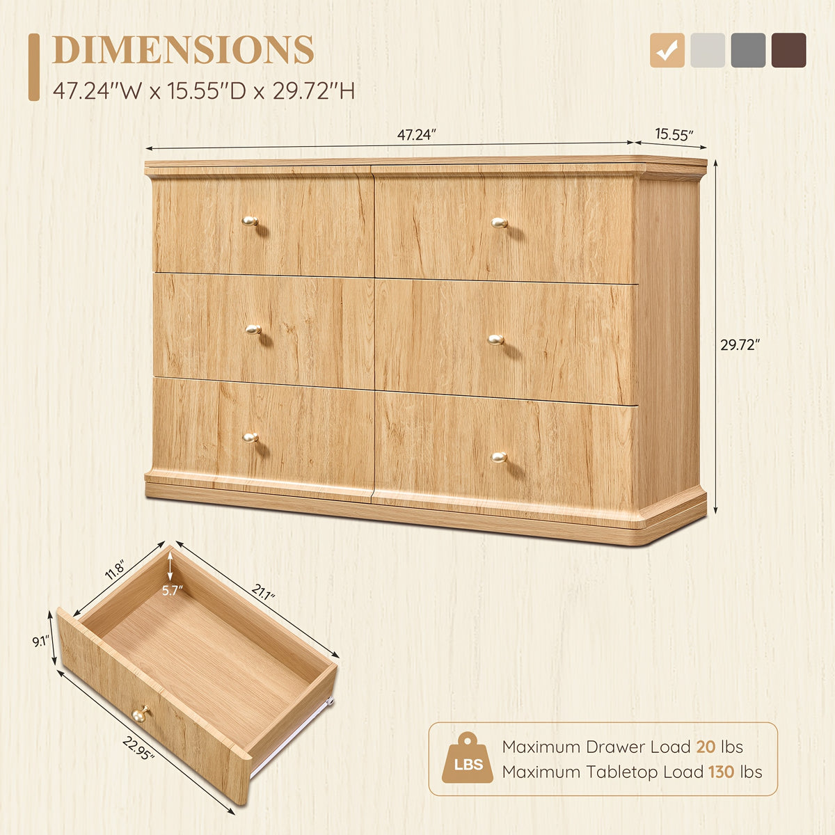 Modern Chest Of Drawer for Bedroom, Wood Dressers with Curved Waterfall Edge, Metal Handle