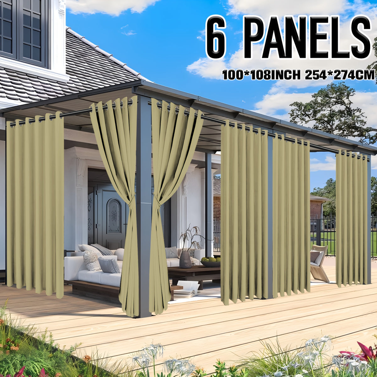 6 Panels Outdoor Patio Curtains - Waterproof Grommet Top Curtains, White Woven Texture Exterior Curtains, Suitable for Pergolas, Porches, Gazebos, Cabins, Decks