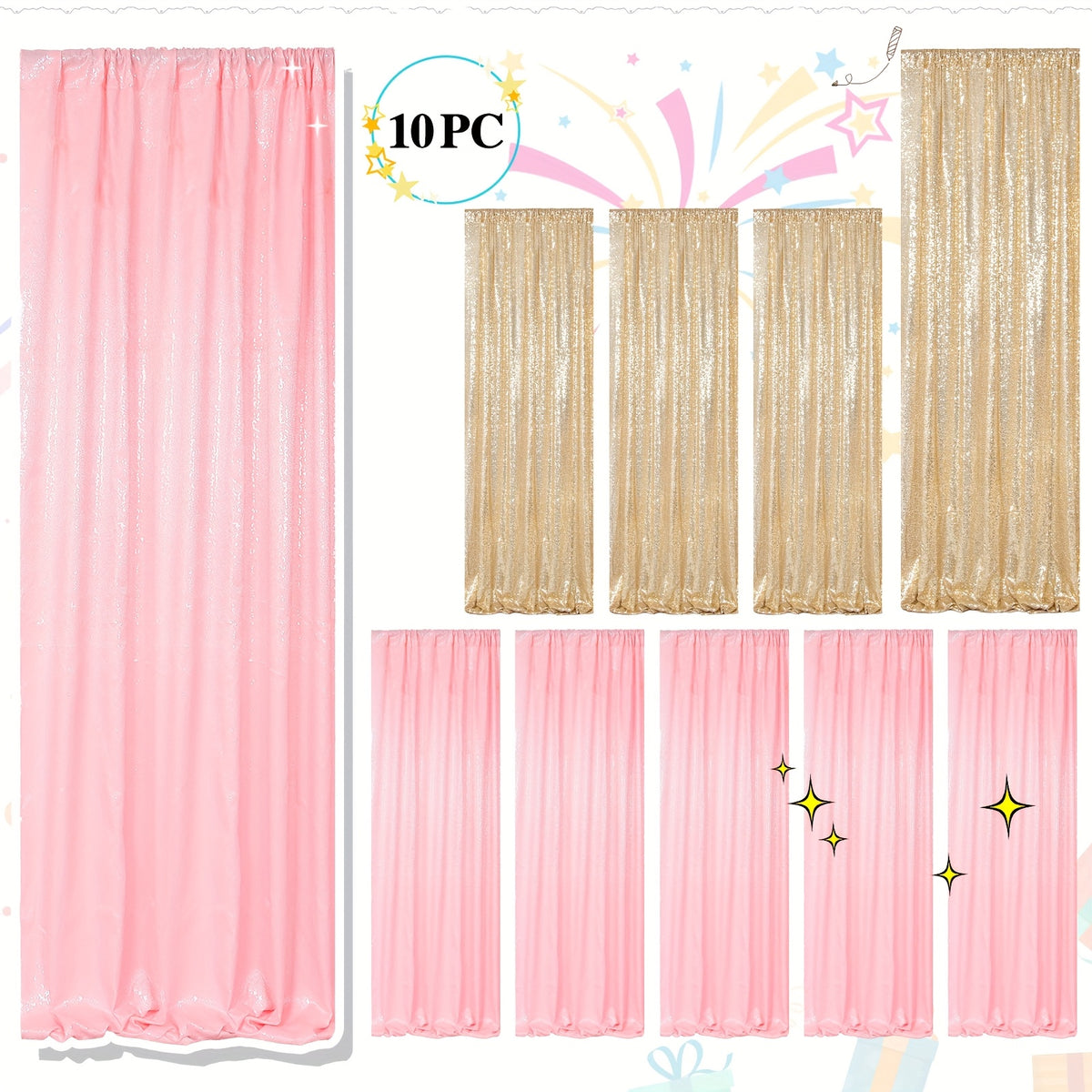 10pcs Pack Outdoor Curtains Suitable for Celebration Party Wedding Drapes with Sequin Backdrop, Semi-Sheer Blinds for Gazebo, Garden, Doorway - Grommet Top Hanging Curtains, Hand Washable /Nylon Decor