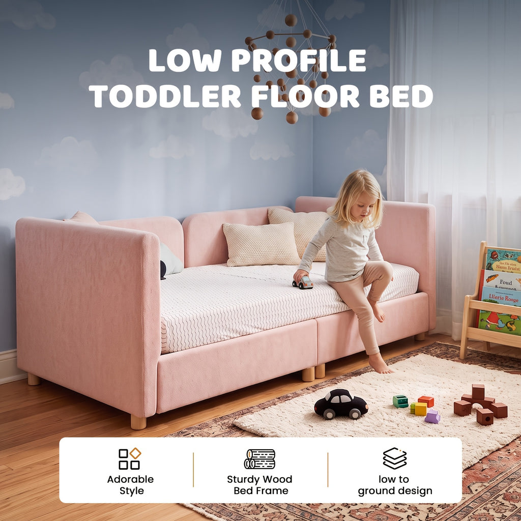 3-In-1 Toddler Bed And Sofa Bed with Safety Guardrails, Soft Skin-Friendly Upholstery, Fits Standard Crib Mattress, for Kids' Bedroom, Mattress Not Included