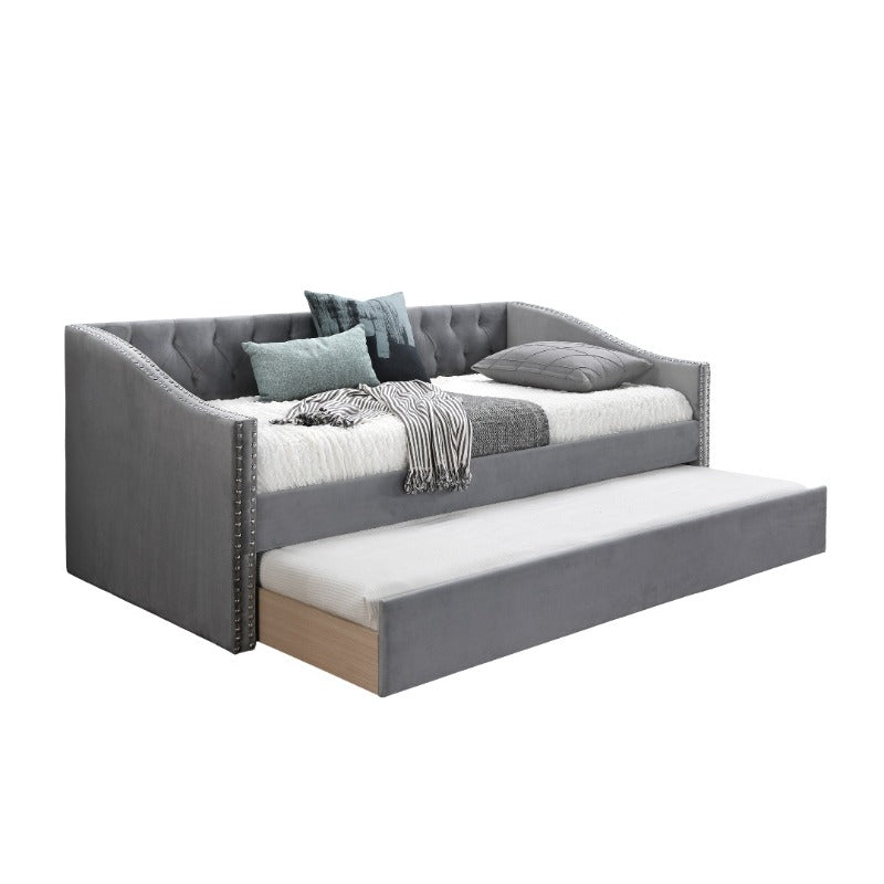1pc Day Bed with Slat Trundle Button Tufted Nailhead Trim Gray End Bedroom Furniture. Easy to Assemble. Mattress Not Included