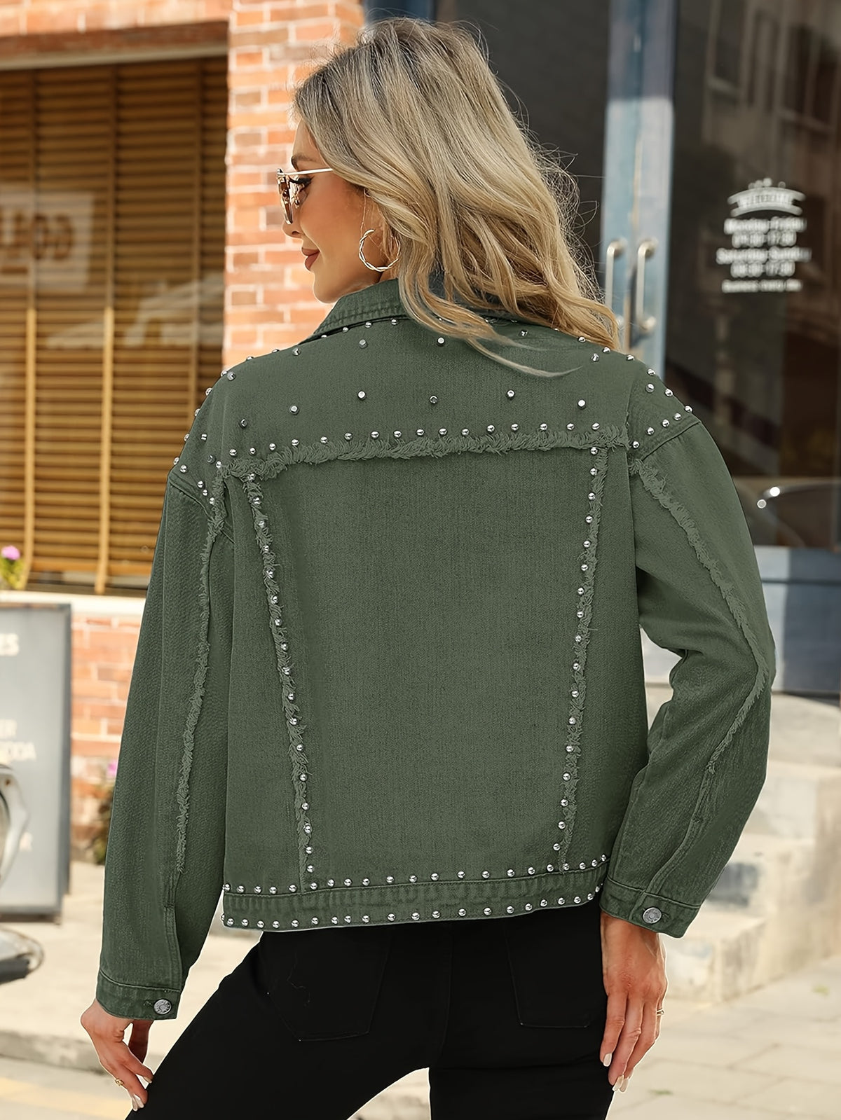 Women'S Fashion Crop Fringe Denim Jacket Distressed Western Studded Black Trucker Jacket