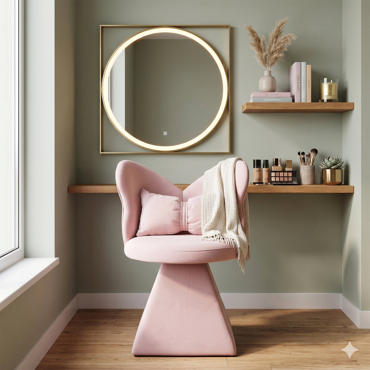 1-Piece Vanity Chair - Armless - 360° Swivel - Chenille Velvet Pink/ Chenille Velvet White/ Chenille Velvet Green - Living Room, Bedroom, Dressing Table, Dining Room, Study