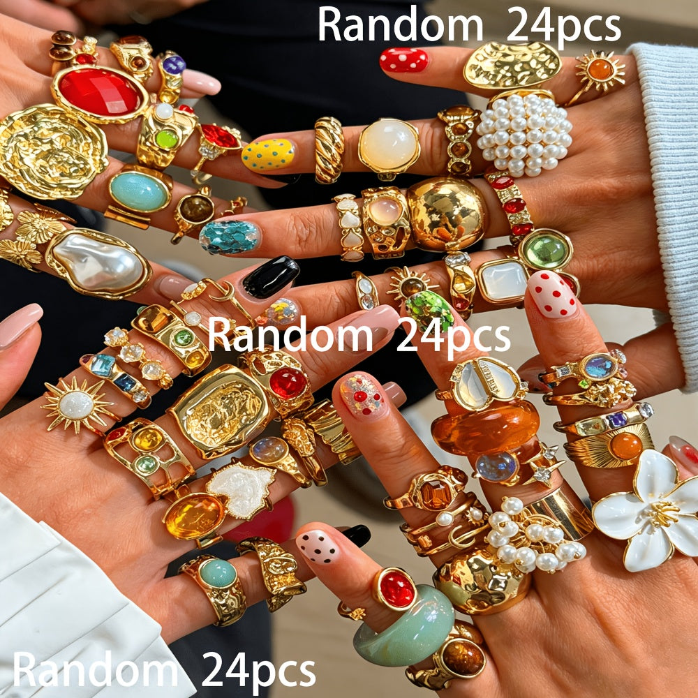 Random 24/13/6pcs Fashion Easy Elegant Grand Luxurious Bling-Bling Sparkling Heart Flower Multicolor Rhinestone Oil Drop Flower Star Imitation Cat'S Eye Stone Sun Wide Band Ring Set Women'S Vacation Party Date Casual Travel Banquet Wedding Daily Mat
