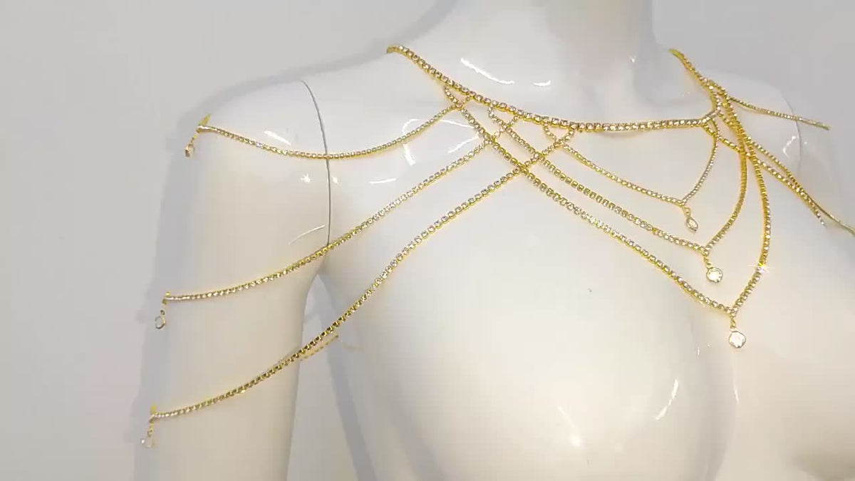 Elegant and Stylish Bridal Wedding Shawl Chain, Party Fashion Personality Multi-layer Teardrop Sexy Sparkling Rhinestone Chest Chain