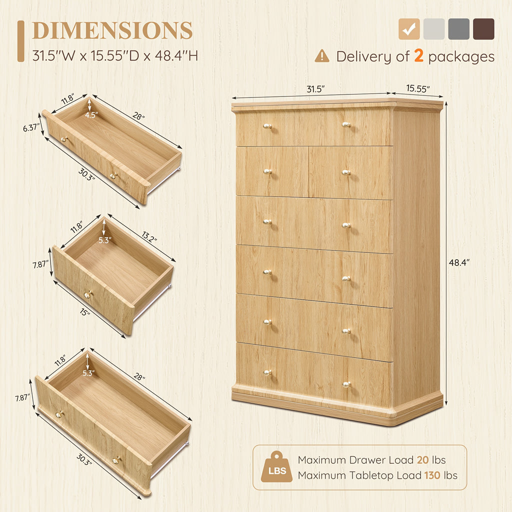 Modern Chest Of Drawer for Bedroom, Wood Dressers with Curved Waterfall Edge, Metal Handle