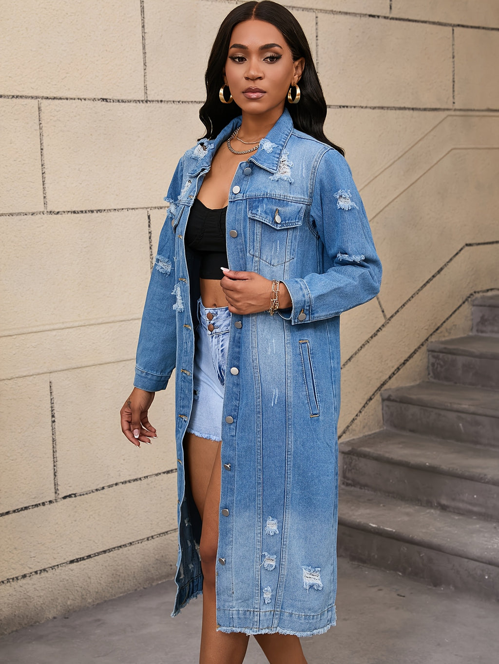 Long Distressed Denim Duster Jacket | Ripped Jean Trench Coat | Casual Button- Denim Outerwear for Women 2026