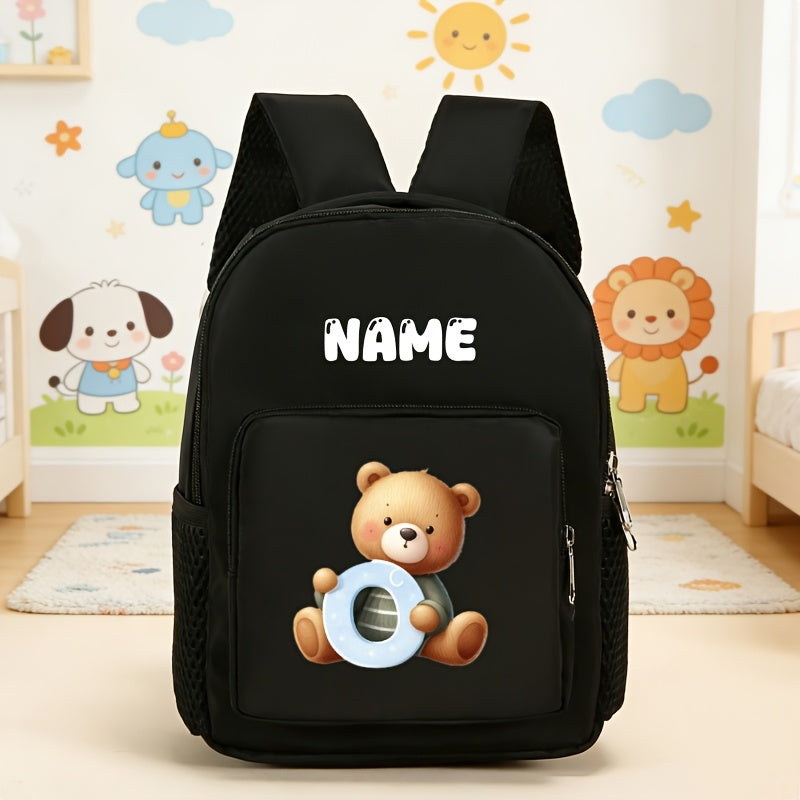 Back-to-School Season Personalized Fashion Mini Casual Backpack, Customizable with Your Name, Text, or Lucky Number, Featuring a 26-Letter Bear Print Design. Stylish and Simple, Lightweight and Multifunctional, Easy to Carry. Adjustable Shoulder