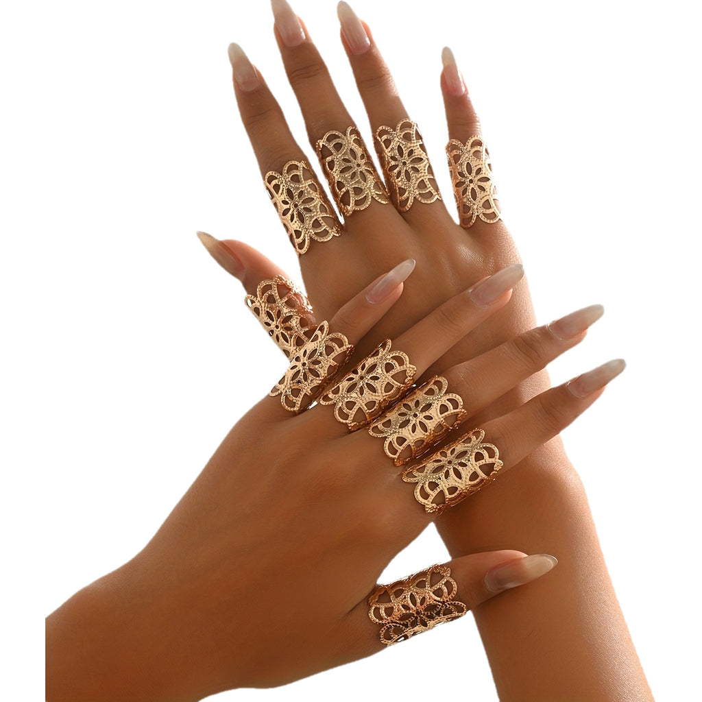 10pcs Set of Women'S Fashion Open Rings, Wide Band Hollow Floral Open Rings, Fashionable Temperament Ethnic Style, Women'S Daily Party Matching Wear