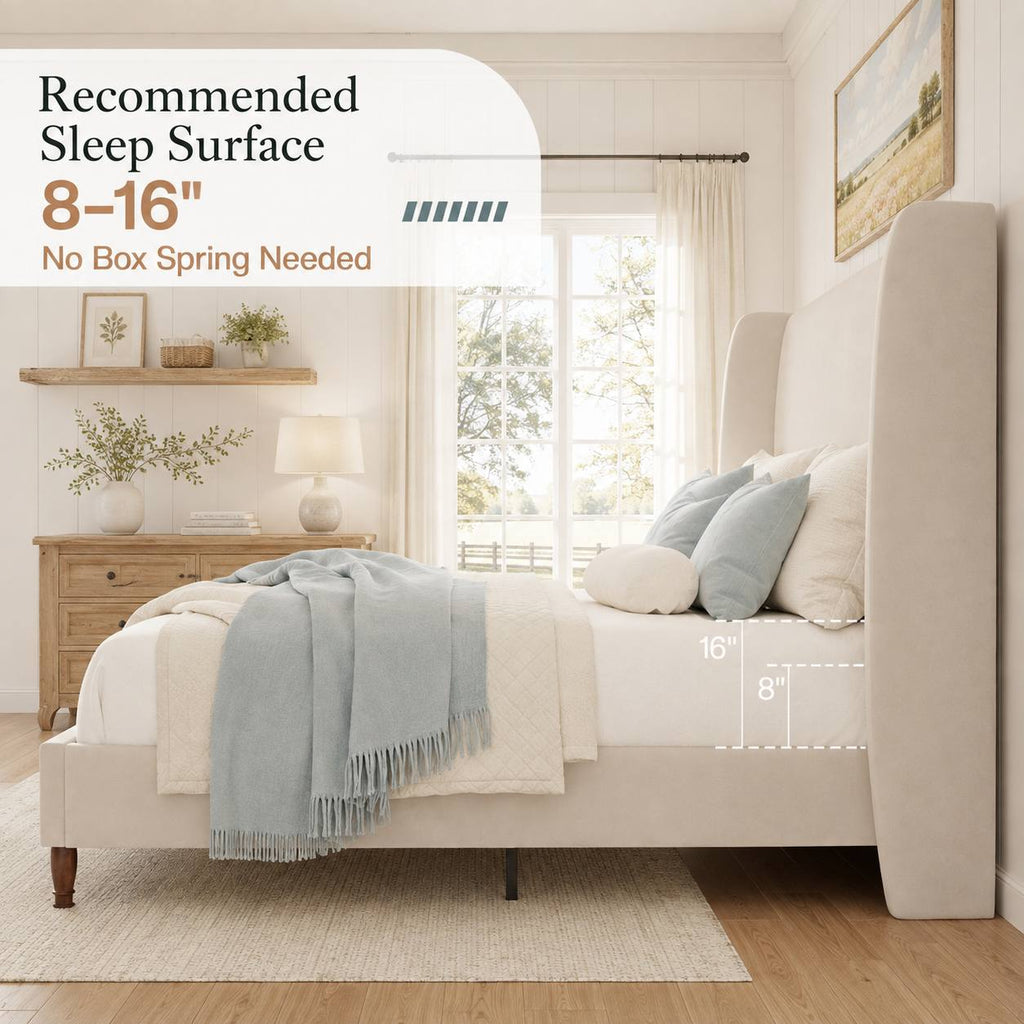 Queen Size Linen Upholstered Bed Frame with Soft Wingback Backrest, Reinforced Slat Support And Refined Minimalist Bedroom Design