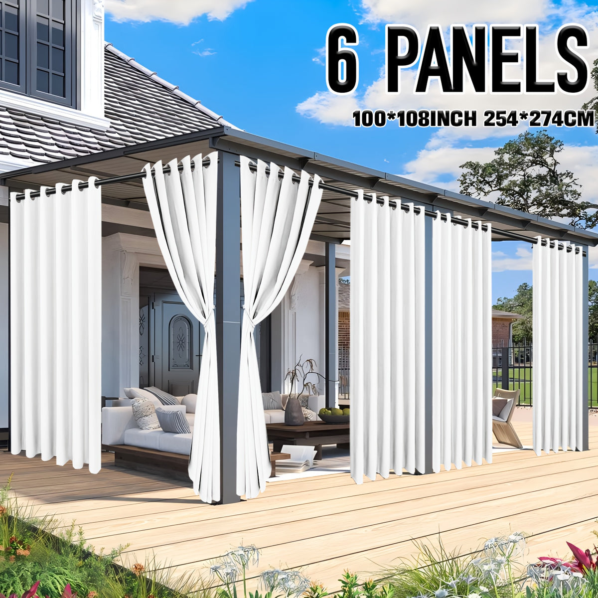 6 Panels Outdoor Patio Curtains - Waterproof Grommet Top Curtains, White Woven Texture Exterior Curtains, Suitable for Pergolas, Porches, Gazebos, Cabins, Decks