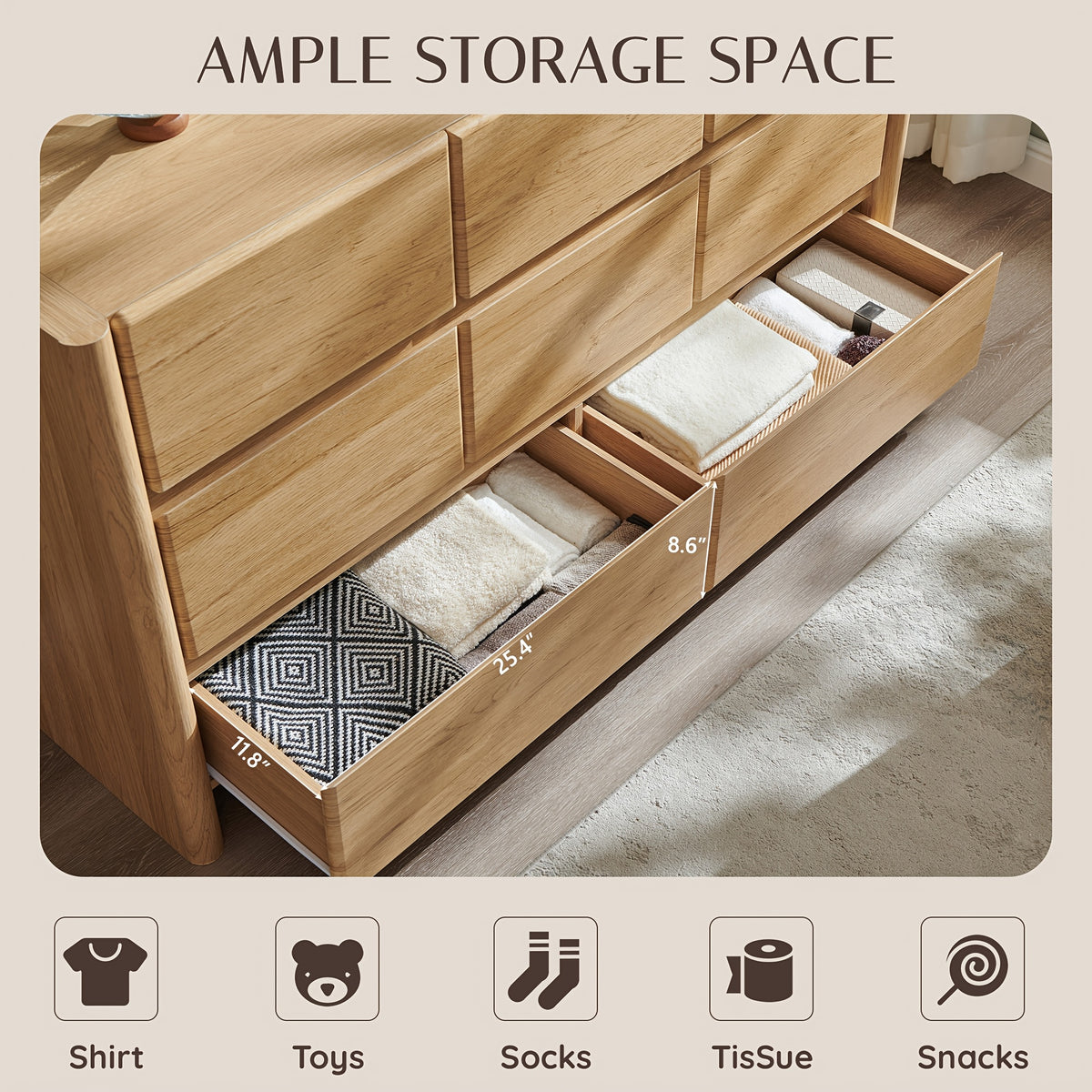 Modern 8-Drawer Dresser Suitable for Bedroom & Living Room - 55" Wide Solid Frame MDF Chest of Drawers with Wood, Rounded Corners, Ample Storage, Assembly Required (Space-Saving for Narrow Rooms)