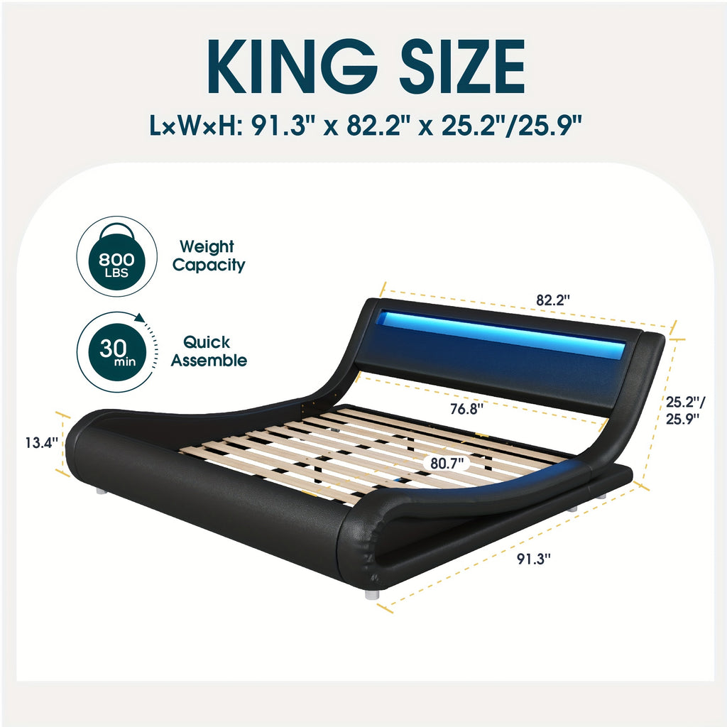 Modern Queen Bed Frame With RGBW LED Lights Headboard, Low Profile Upholstered Platform Sleigh Design, Strong Wood Slats Support, No Box Spring Needed