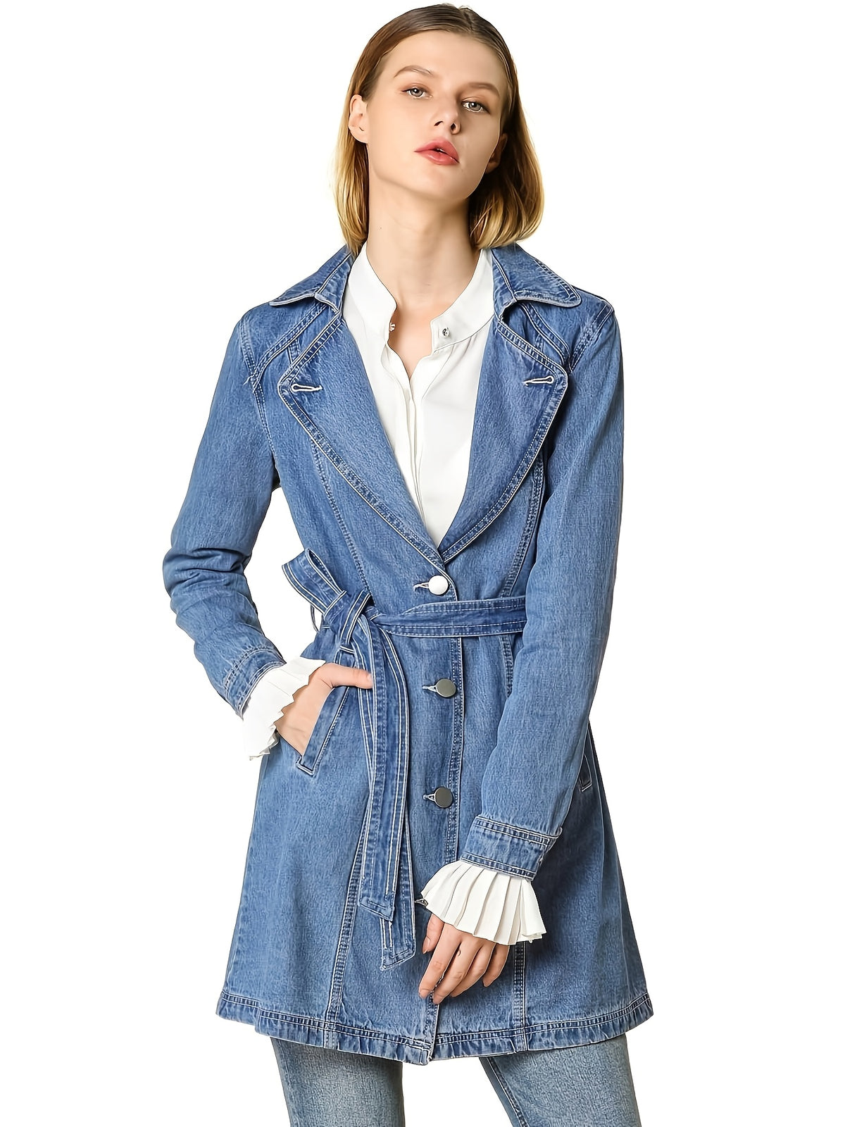 Trench Jean jackets Notched Lapel Long Denim Jacket