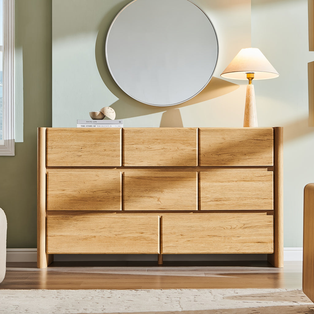 Modern 8-Drawer Dresser Suitable for Bedroom & Living Room - 55" Wide Solid Frame MDF Chest of Drawers with Wood, Rounded Corners, Ample Storage, Assembly Required (Space-Saving for Narrow Rooms)